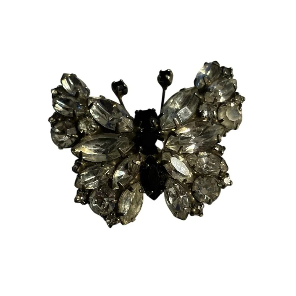 Butterfly Rhinestone Brooch Pin VTG‎ Black & Clear Rhinestones Silver Tone Retro